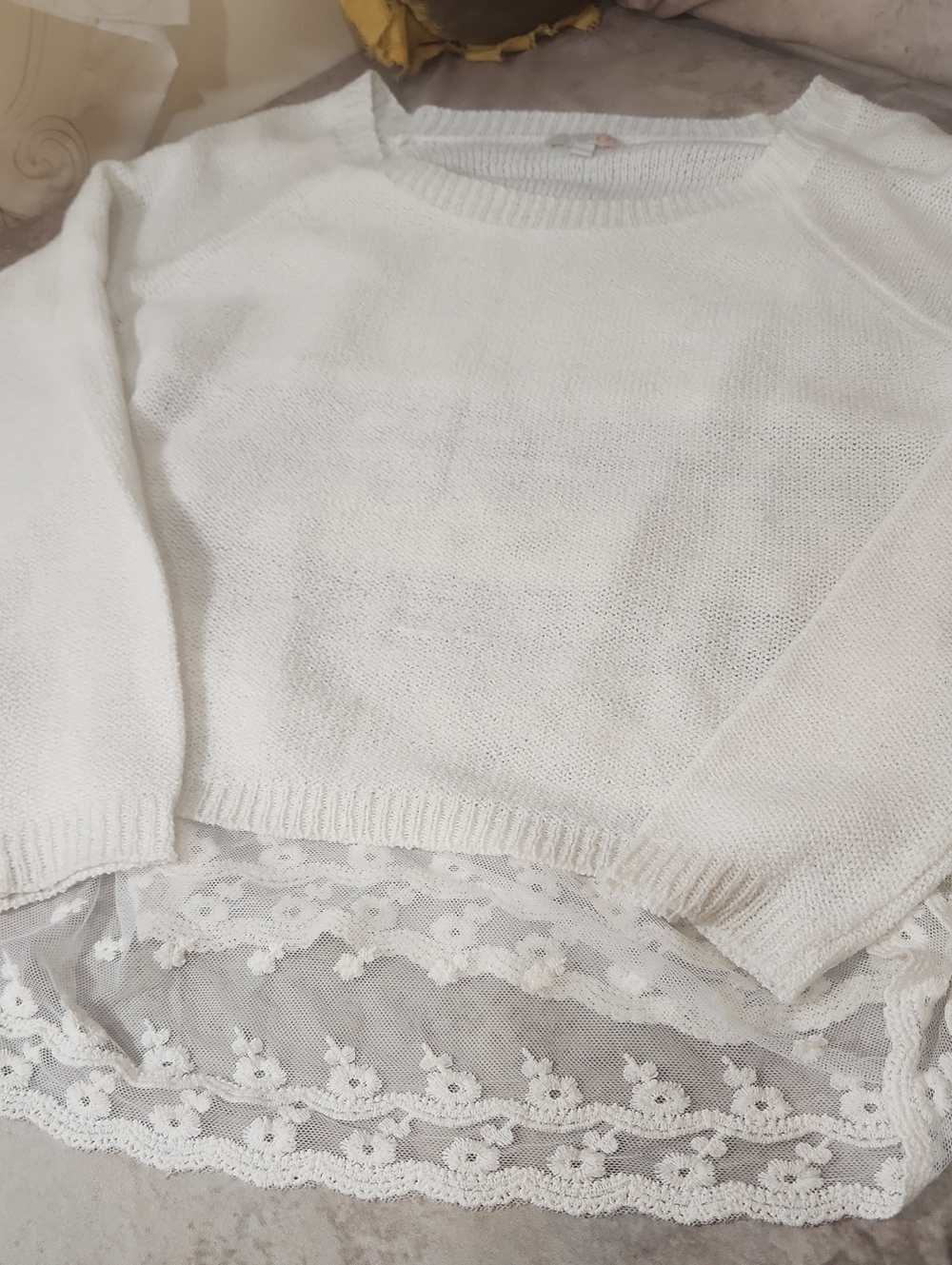 Gianni Bini White Crewneck Sweater with Layered Lace Back
